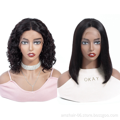 Amzhair Short Bob Wig Human Hair Lace Front Unprocessed Deep Wave Indian Cuticle Aligned Hair Swiss Lace Bob Wig For Black Women